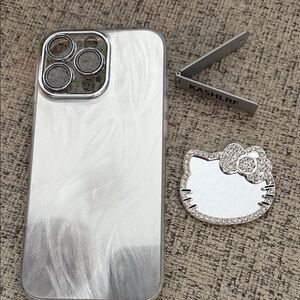 🆕 Silver Phone Case with Stand and Decorative Mirror iPhone 16 pro max
